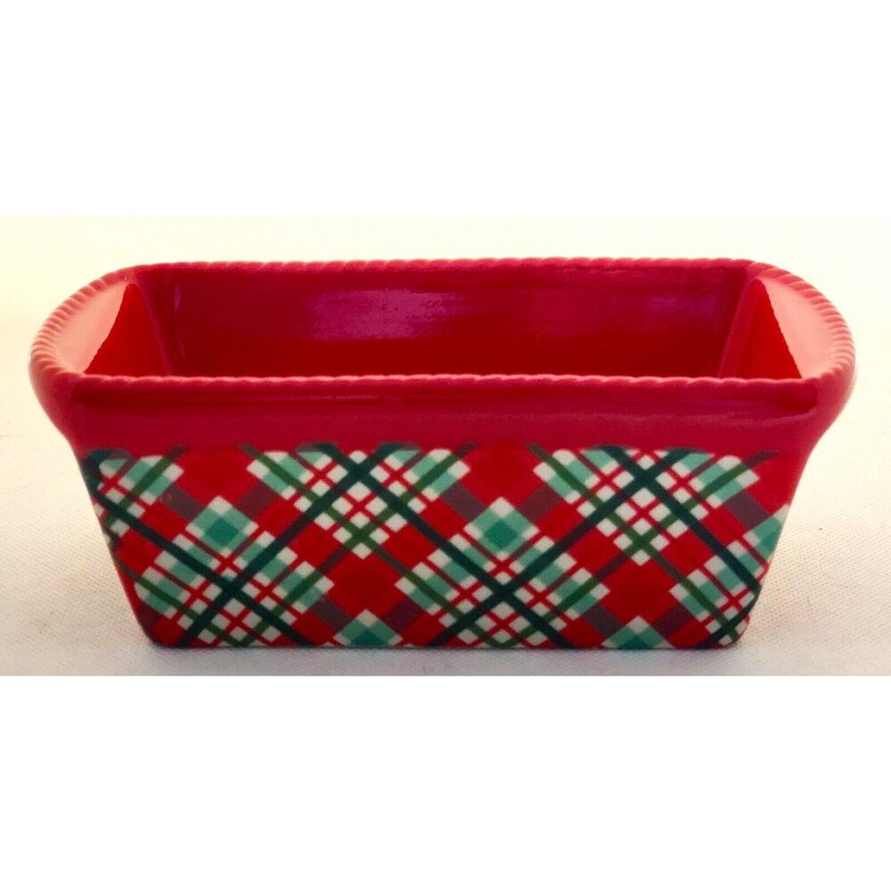 Loaf Baking dish-TempTations-Ceramic-Red & Green-Plaid-Holiday Theme-Small